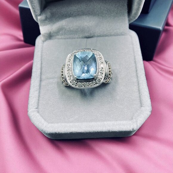 925 Silver Blue Topaz Diamond Ring Cushion Cut Gold Accents Cocktail Jewelry - Picture 3 of 11